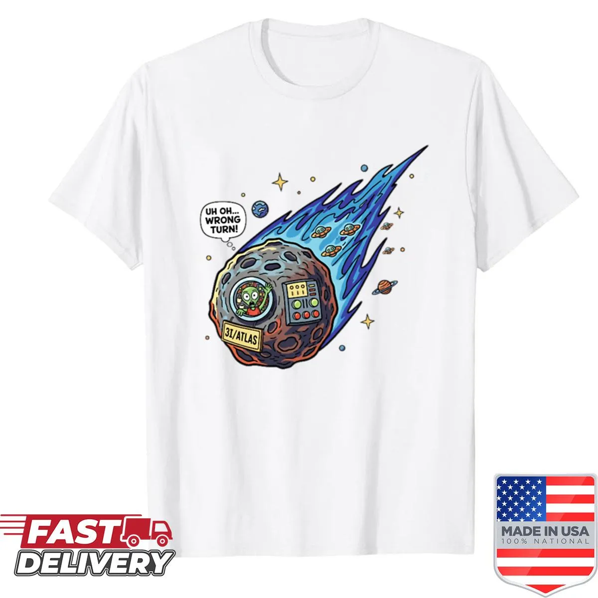 Humorous comet graphic on a funny t-shirt