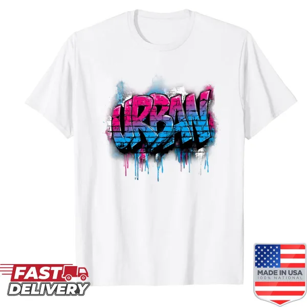 Urban street art shirt with neon blue and pink lettering