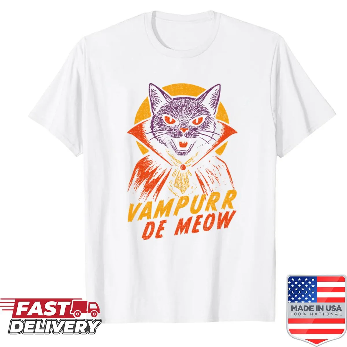 Retro comic vampire cat Halloween shirt with humorous design