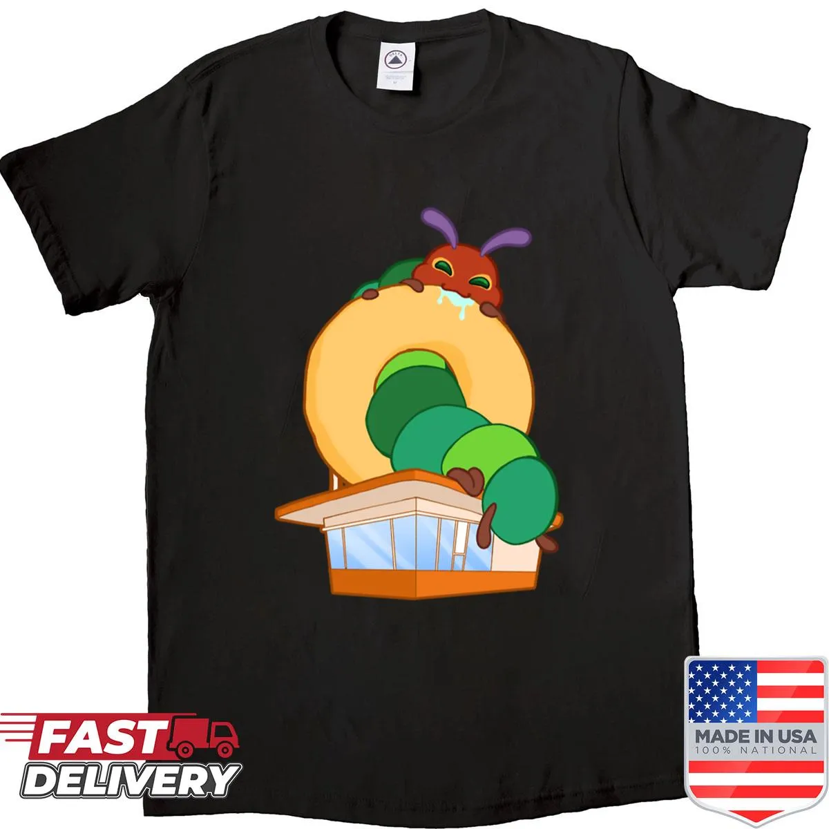 Whimsical kaiju illustration on a playful shirt