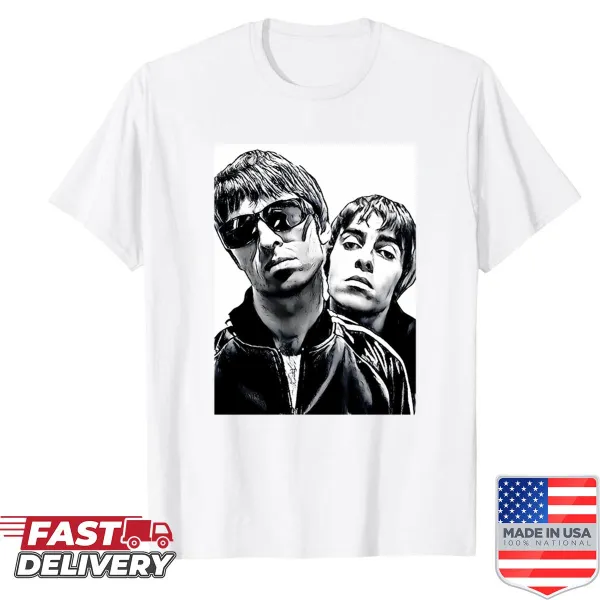 Artistic illustration of Liam Gallagher on a vintage-style T-shirt