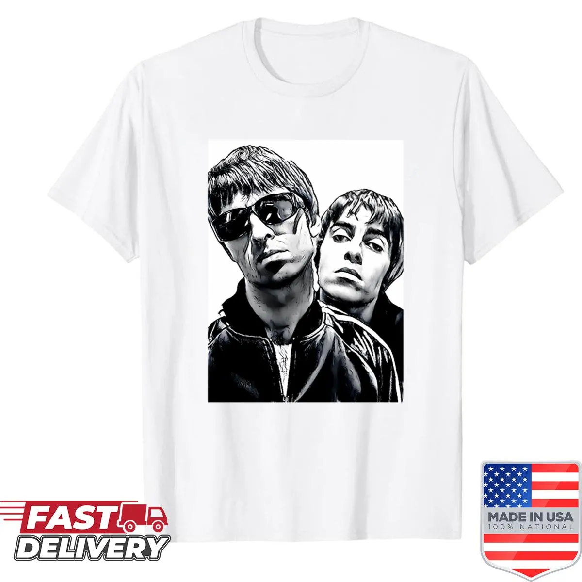 Artistic illustration of Liam Gallagher on a vintage-style T-shirt
