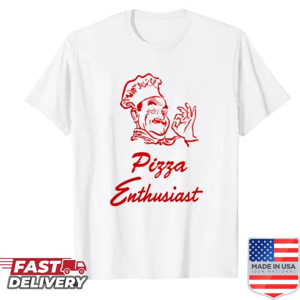 Retro pizza graphic on a shirt celebrating pizza enthusiasm.