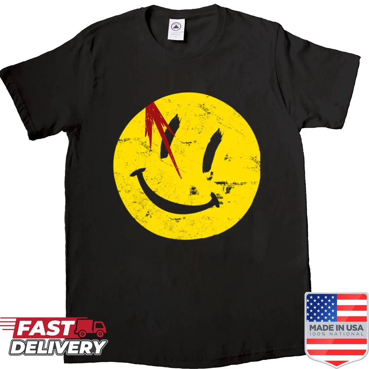 Vintage Watchmen smiley face symbol on a shirt