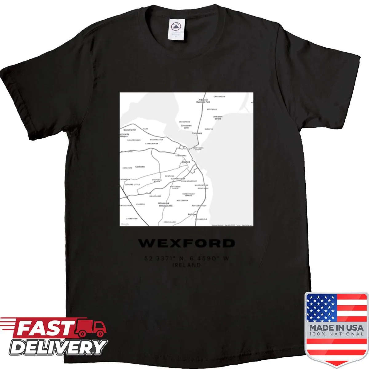 Minimalist Wexford city map design on a shirt