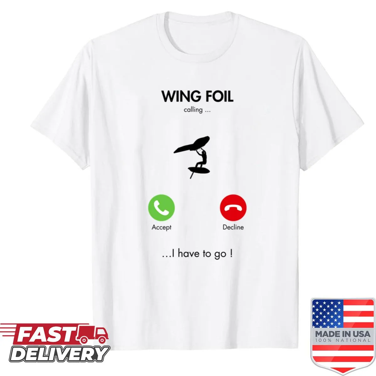 Funny T-shirt with 'Wingfoil Calling' for windsurfing fans