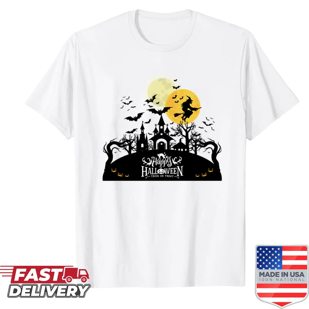 Whimsical witch shirt with an illustration of a witch in a scary garden