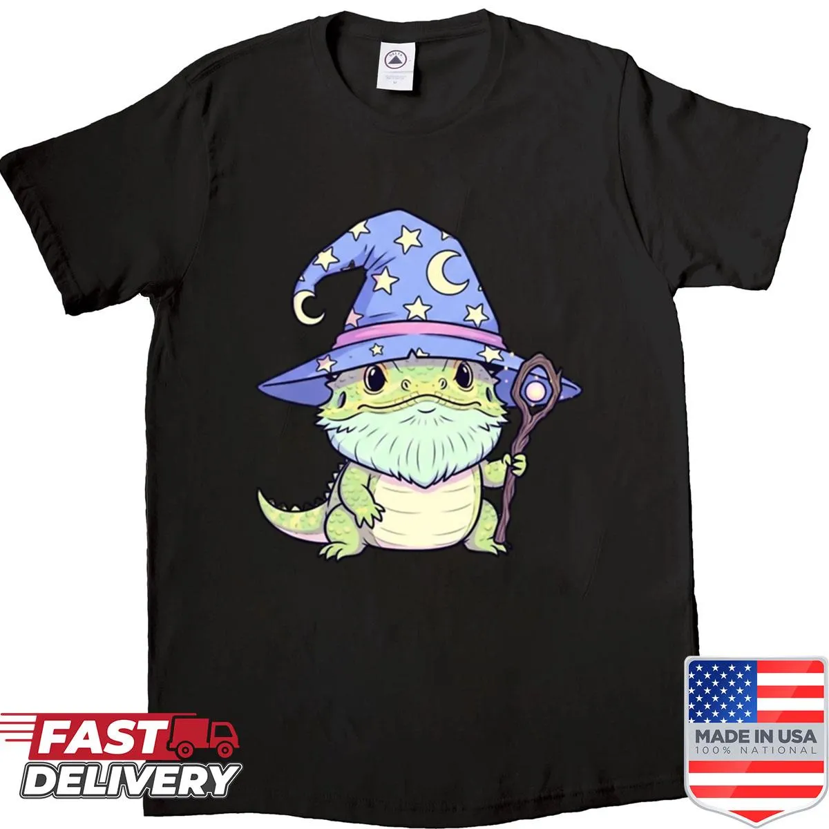 Fantasy art shirt featuring a wizard and a bearded dragon.