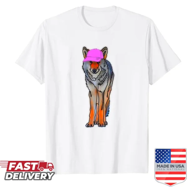 Cartoon of a wolf wearing a pink hat, part of the Animals in Hats theme.