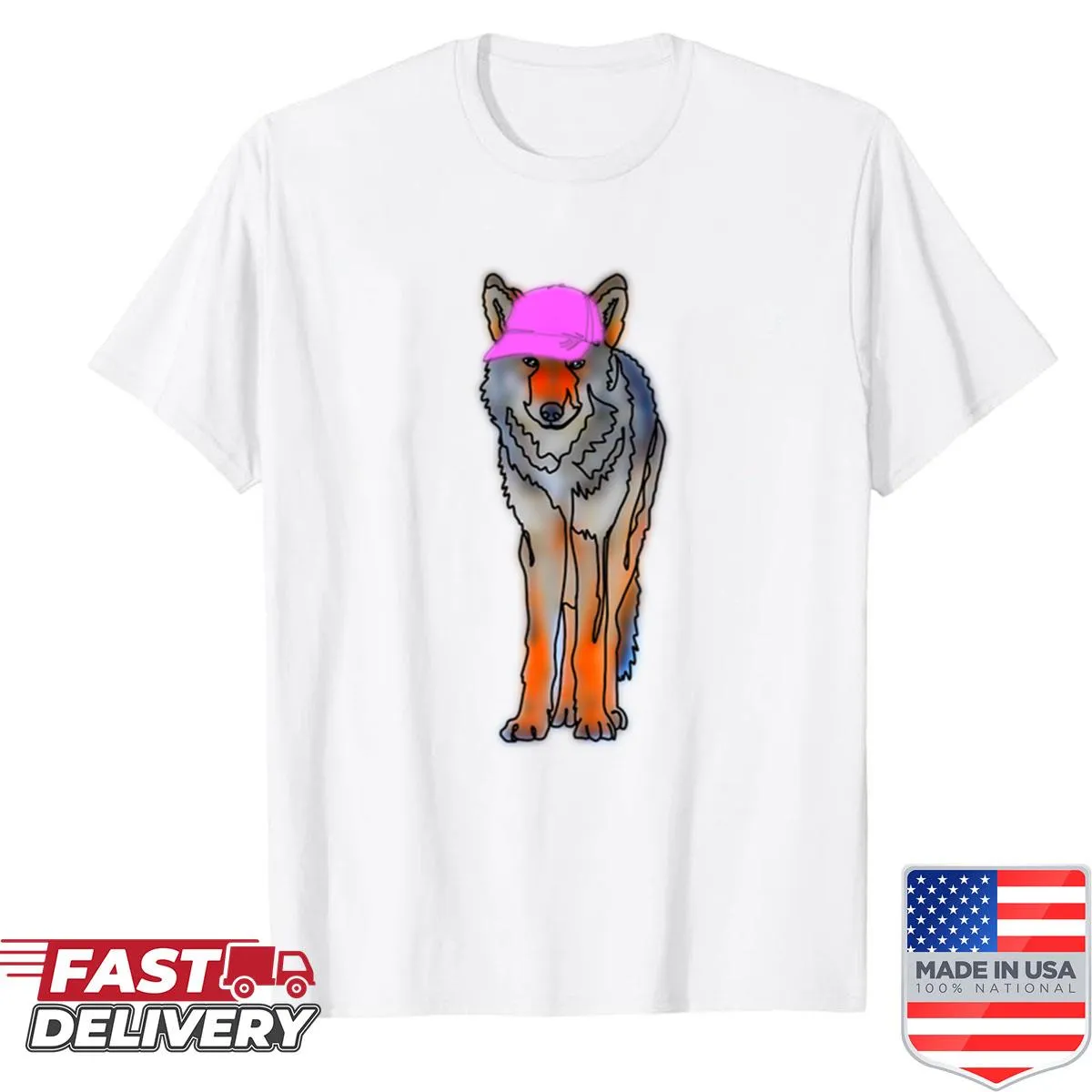 Cartoon of a wolf wearing a pink hat, part of the Animals in Hats theme.