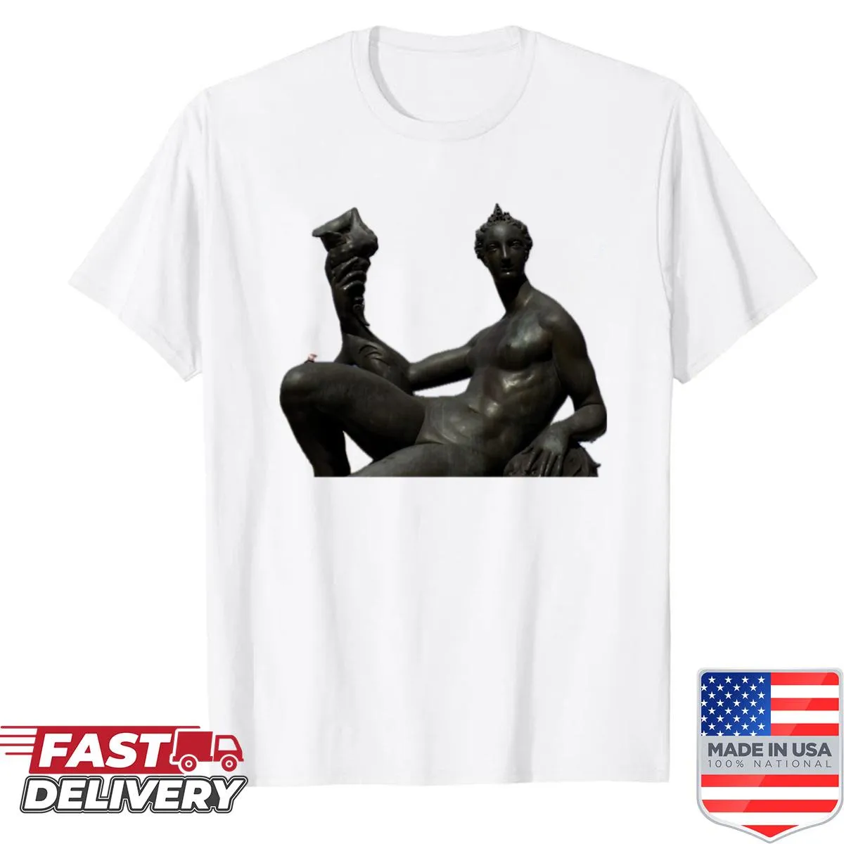 Illustrated shirt featuring a sculpture of a woman representing the sea