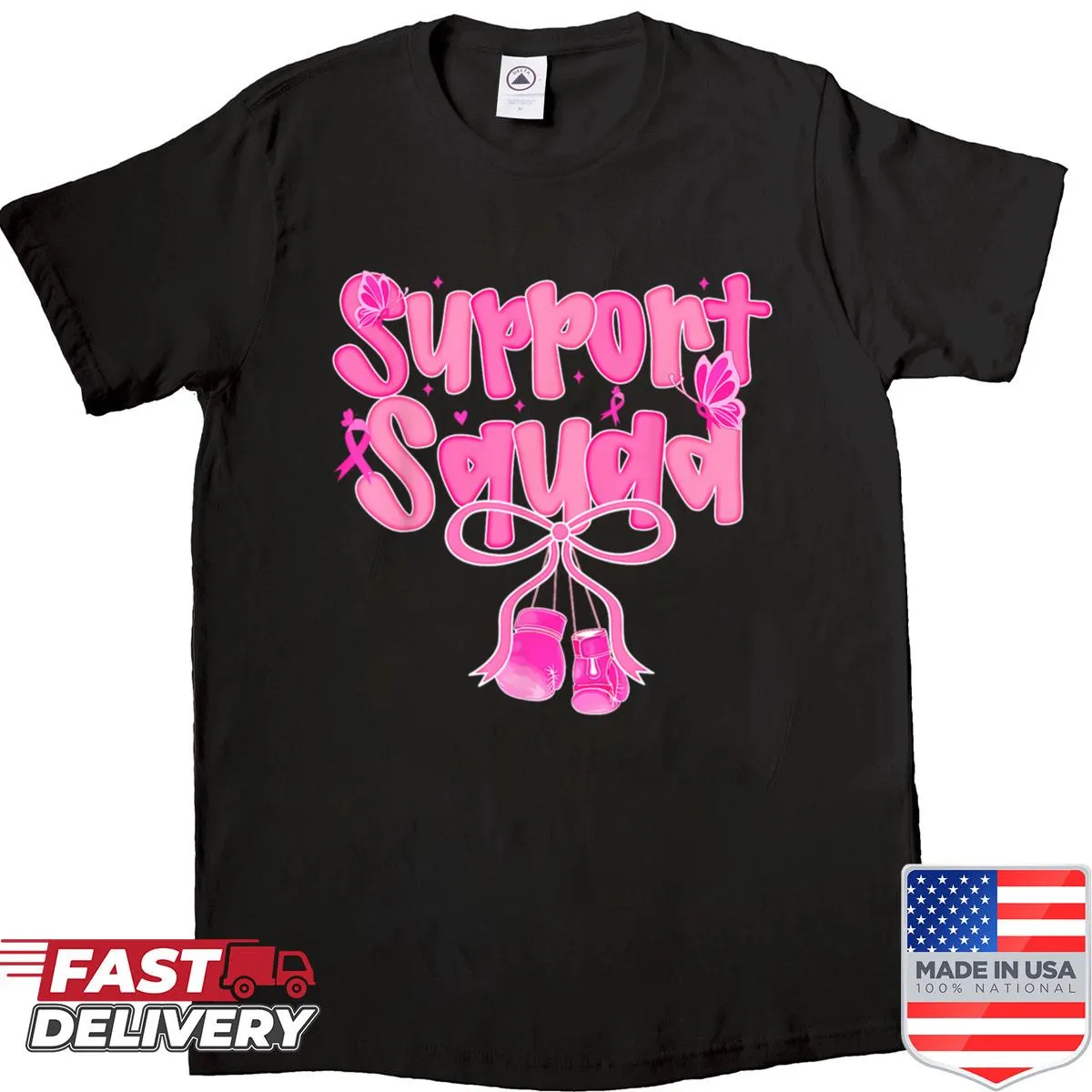 Breast cancer support T-shirt with the phrase 'Support Squad' in pink