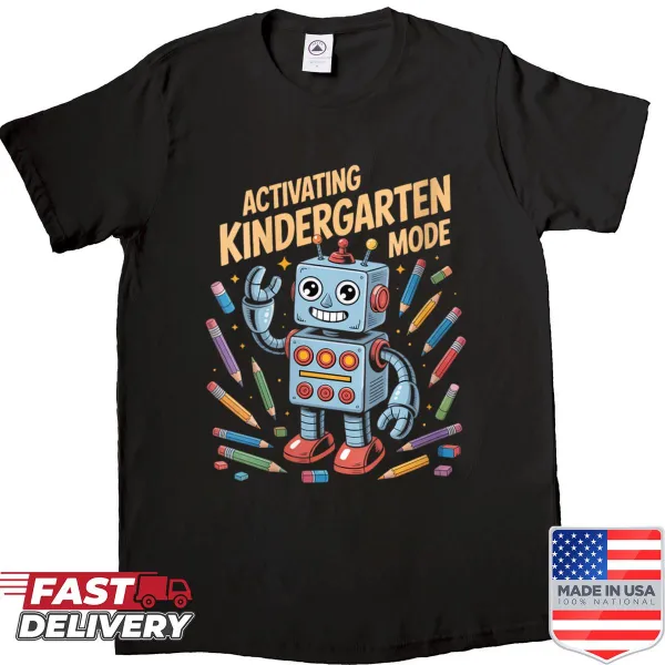 Cute robot graphic t-shirt for kids activating kindergarten mode