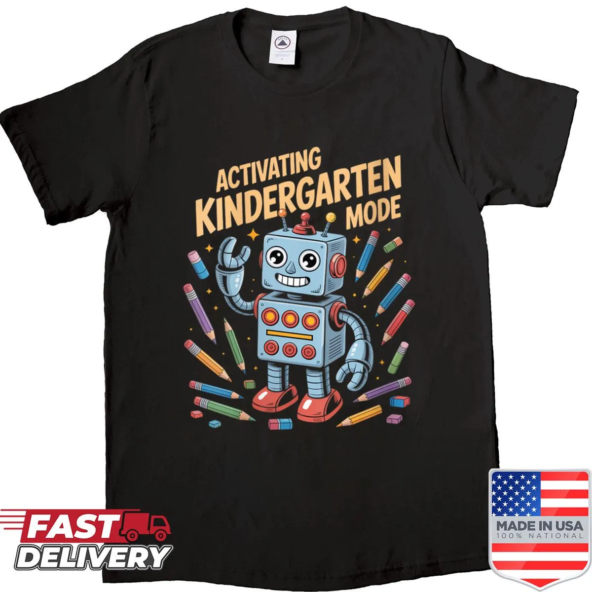 Cute robot graphic t-shirt for kids activating kindergarten mode