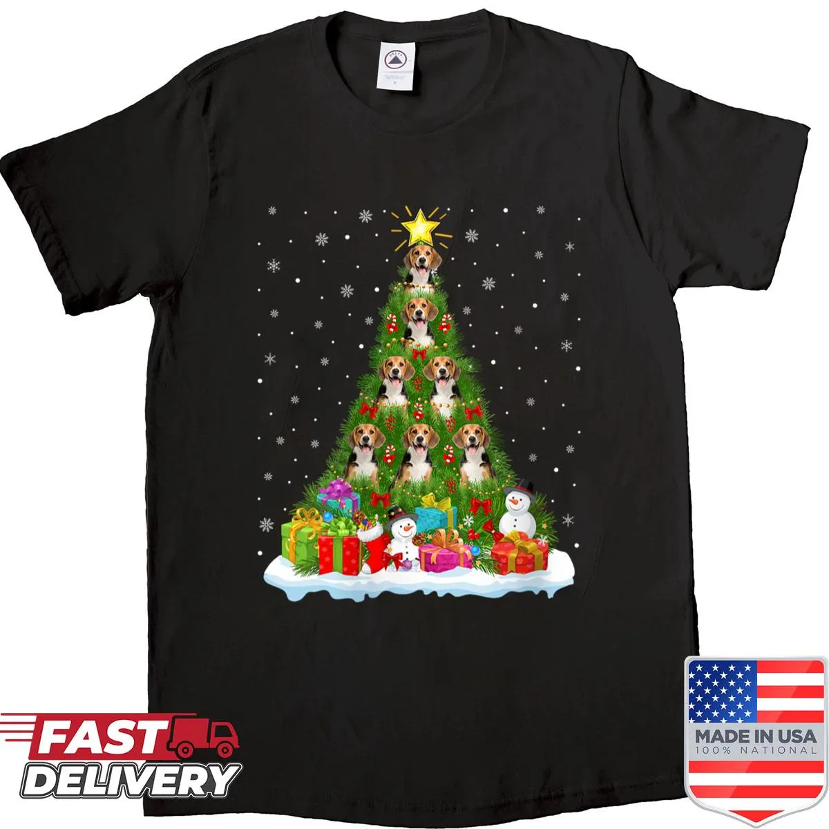 Funny Christmas T-shirt with a beagle and tree design