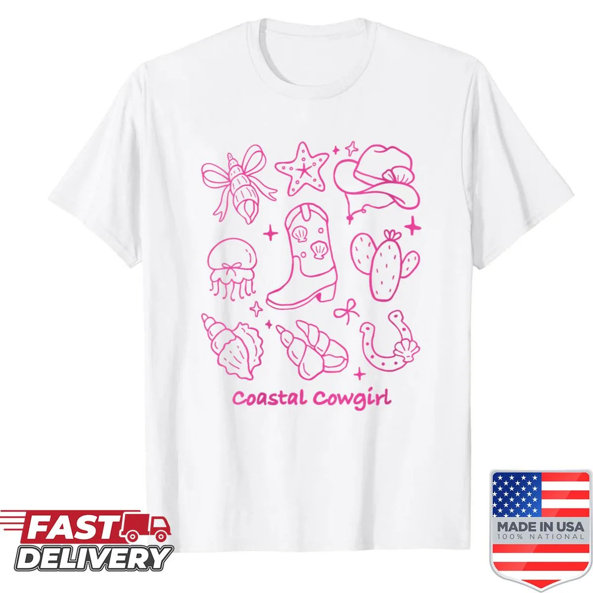 Whimsical coastal cowgirl design with beach elements on a shirt.