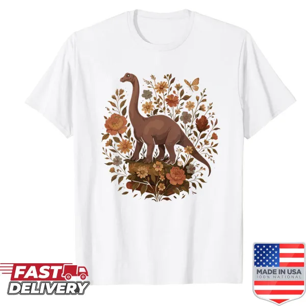 Whimsical design featuring a dinosaur surrounded by flowers on a women's shirt