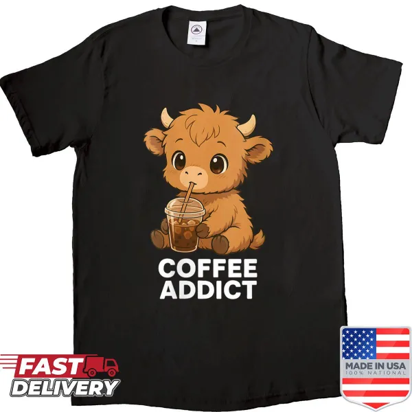 Cute Highland cow illustration for coffee lovers on women's shirt