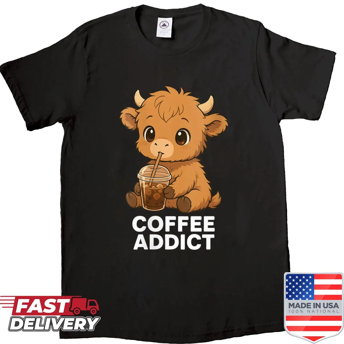 Cute Highland cow illustration for coffee lovers on women's shirt