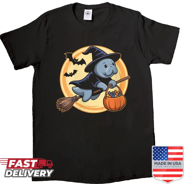 Funny Halloween shirt with manatee in witch hat and pumpkins