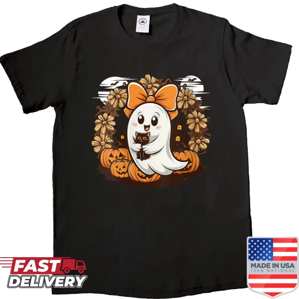 Vintage shirt with a funny ghost holding a black cat graphic.