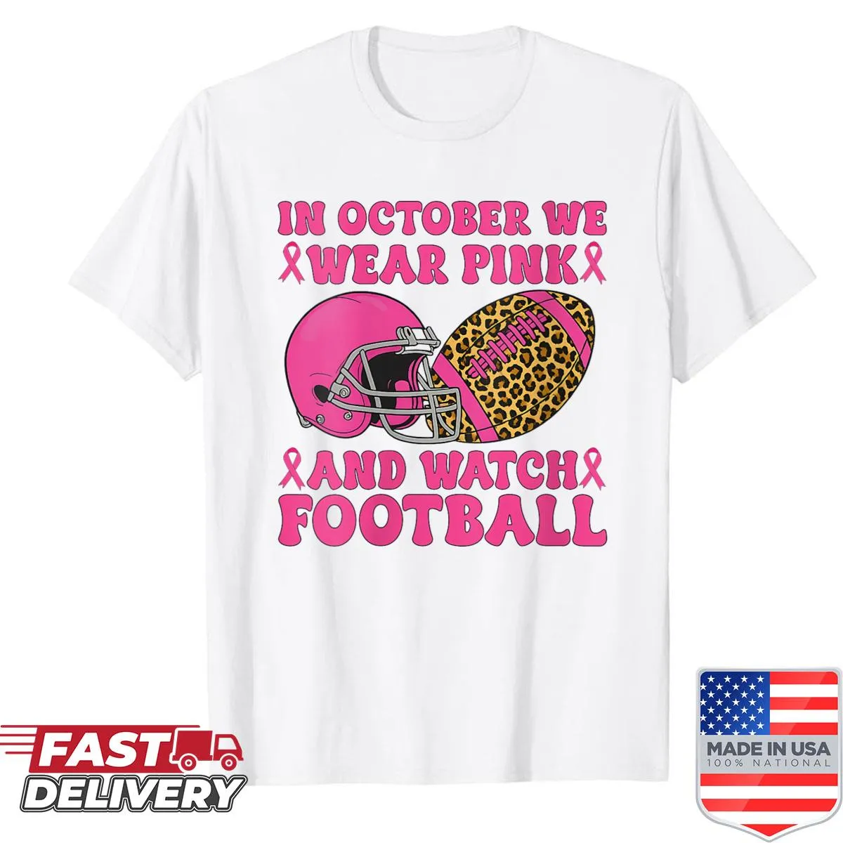 Women's shirt celebrating football and breast cancer awareness.