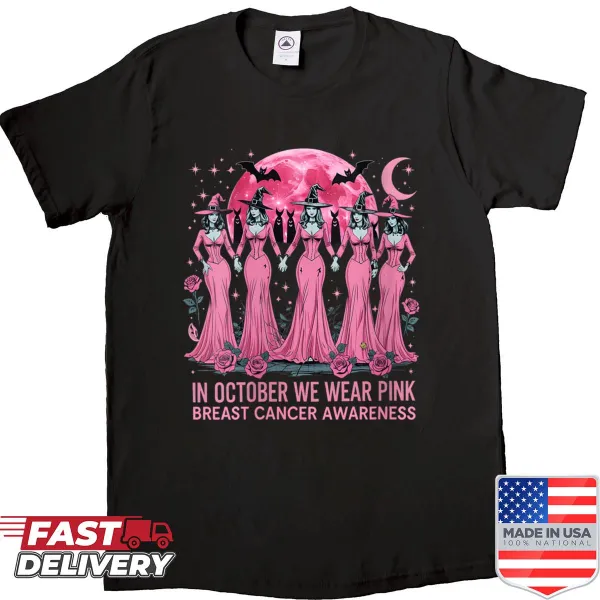 Pink Halloween awareness shirt with the phrase 'In October We Wear Pink'