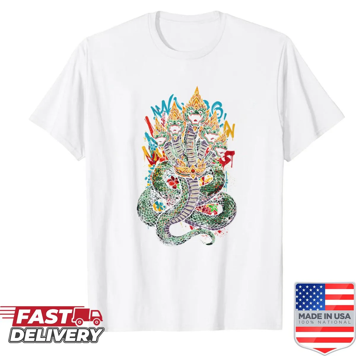 Illustration of Khmer Snake Naga inspired by Angkor Wat on a women's shirt