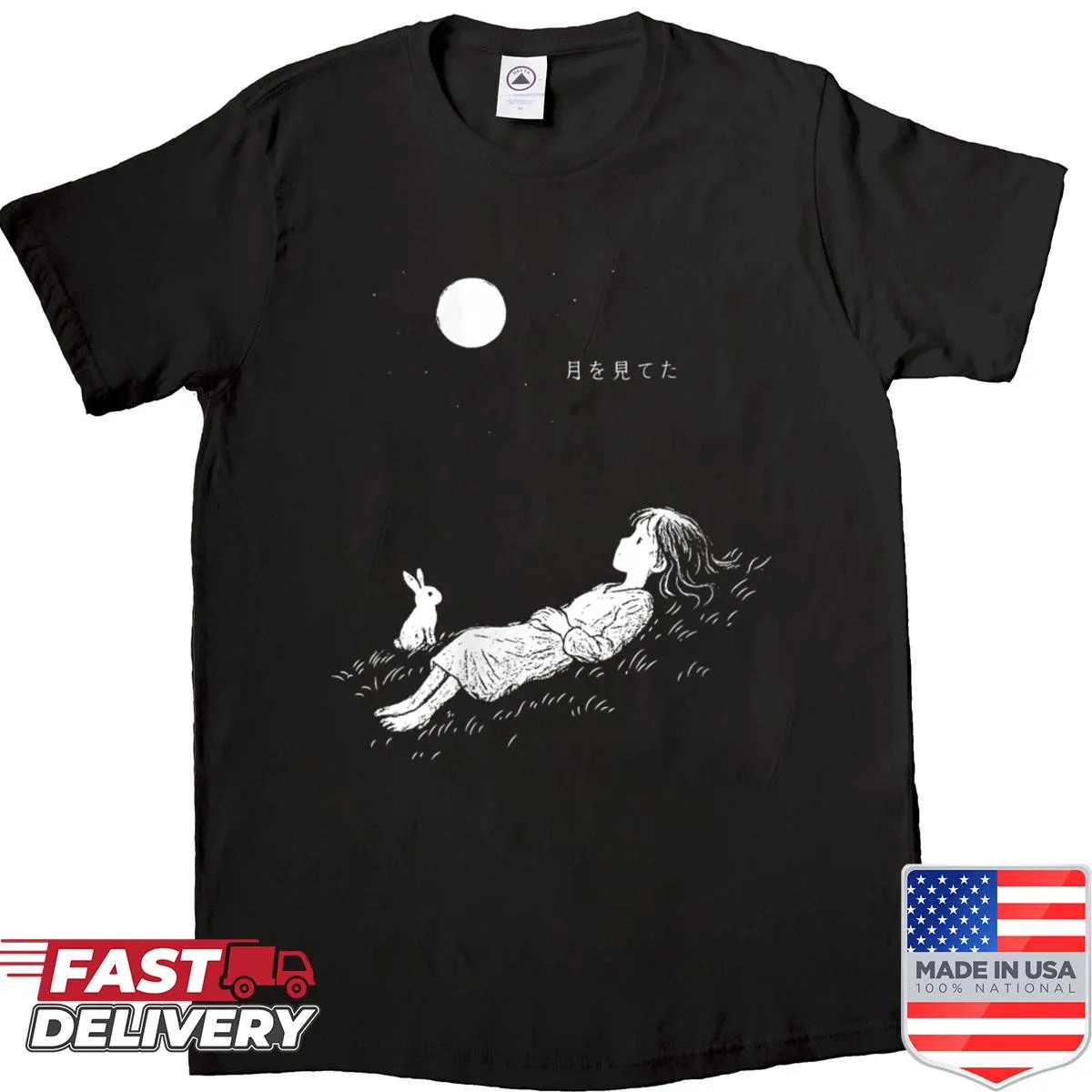 Minimalist anime shirt featuring a dreamy girl and rabbit design