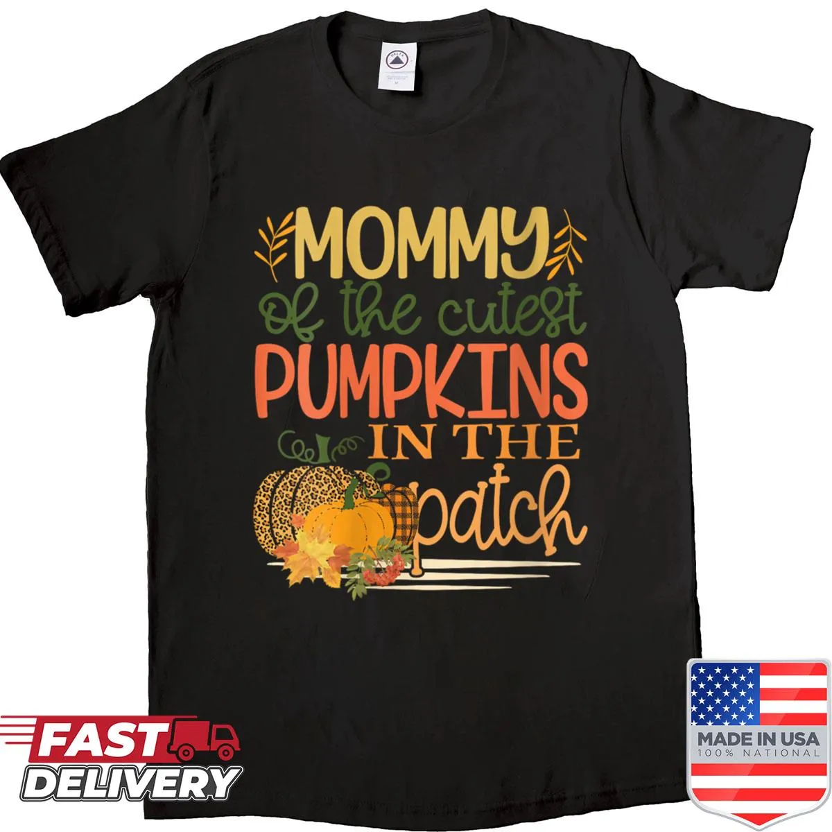 Cute fall-themed shirt with pumpkins and leopard print for moms