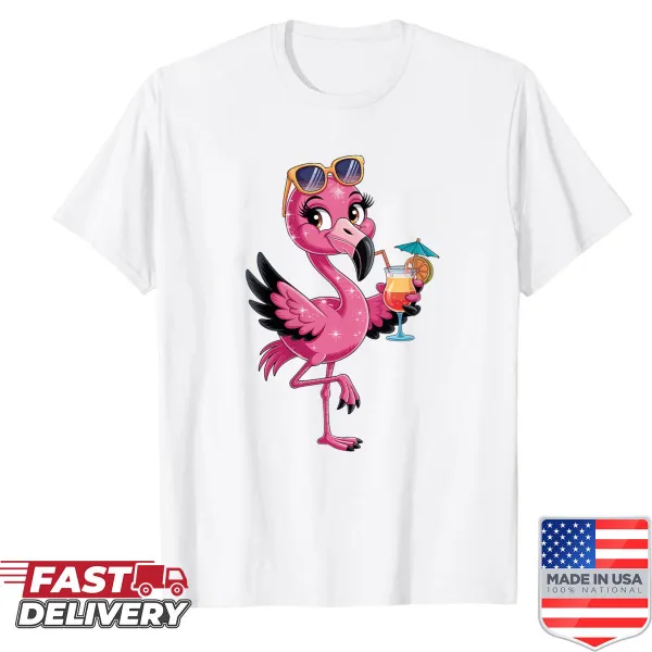 Cute illustration of a pink flamingo with sunglasses and a cocktail.