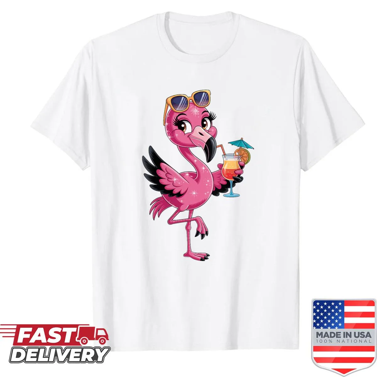 Cute illustration of a pink flamingo with sunglasses and a cocktail.
