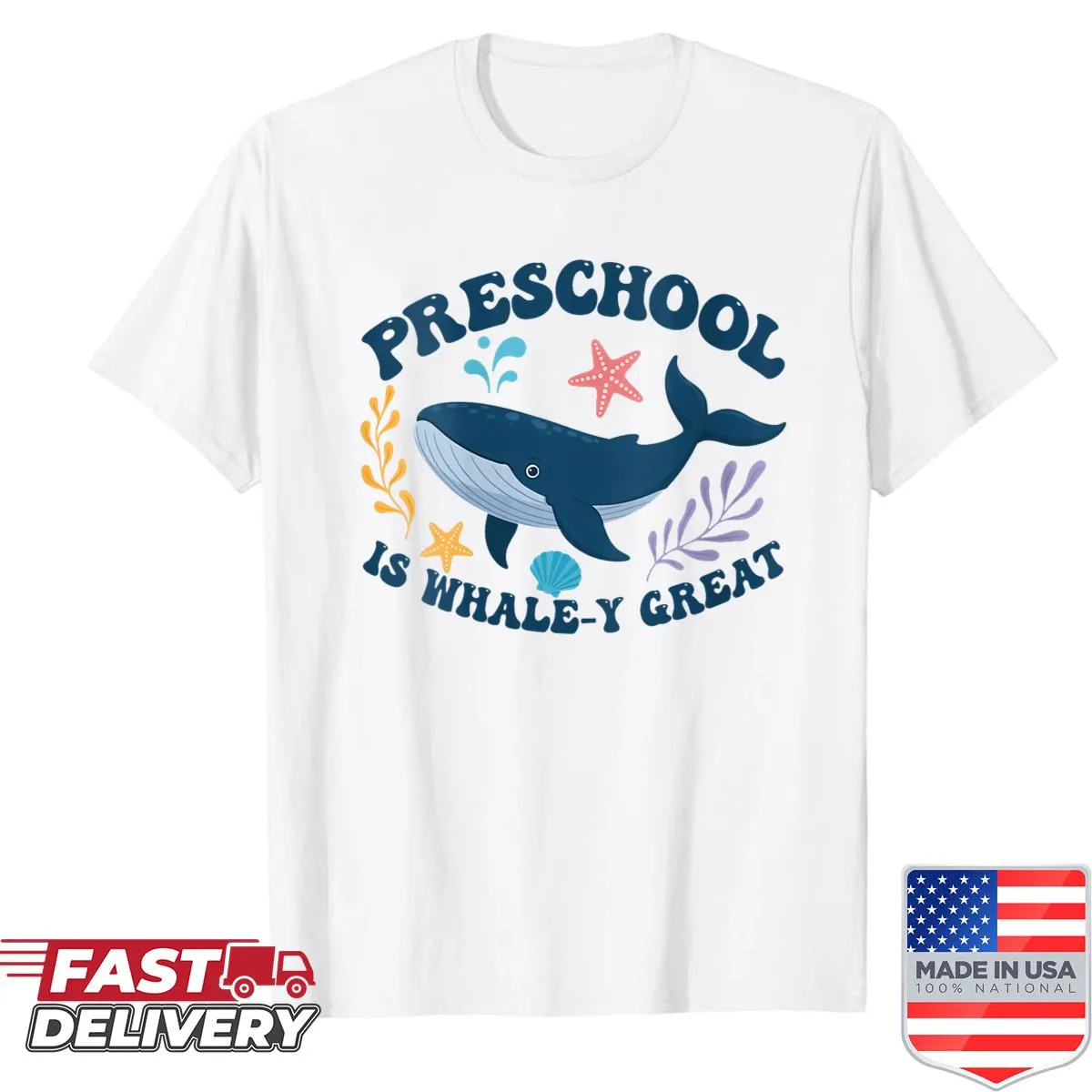Whale-themed teacher shirt with playful text about preschool