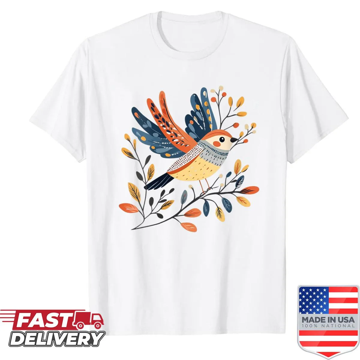 Scandinavian folk art shirt with birds and flowers illustration