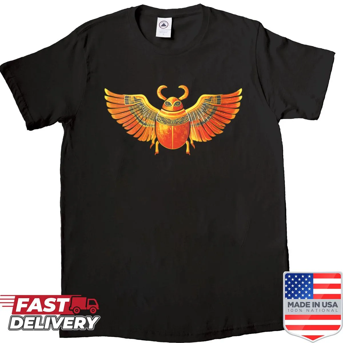 Illustrated Scarab Beetle design on a women's shirt celebrating Egyptian mythology