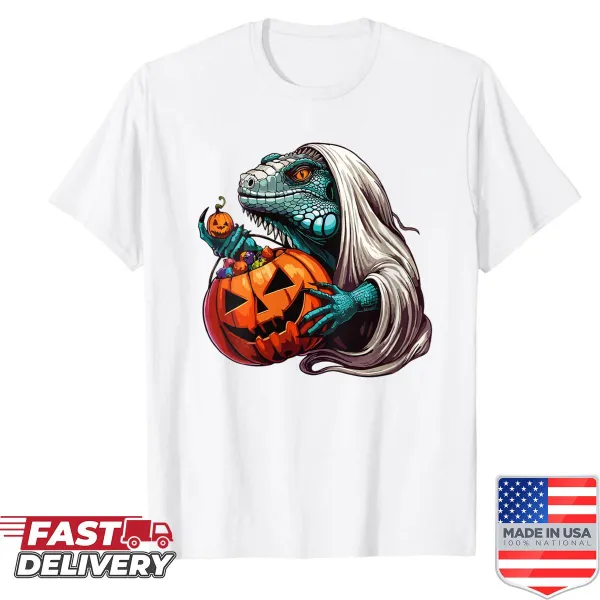 Iguana dressed as a ghost holding a spooky candy bag on a T-shirt