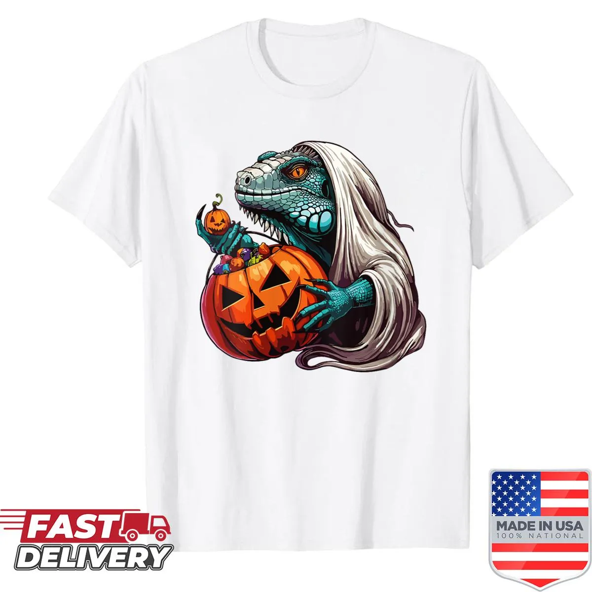 Iguana dressed as a ghost holding a spooky candy bag on a T-shirt