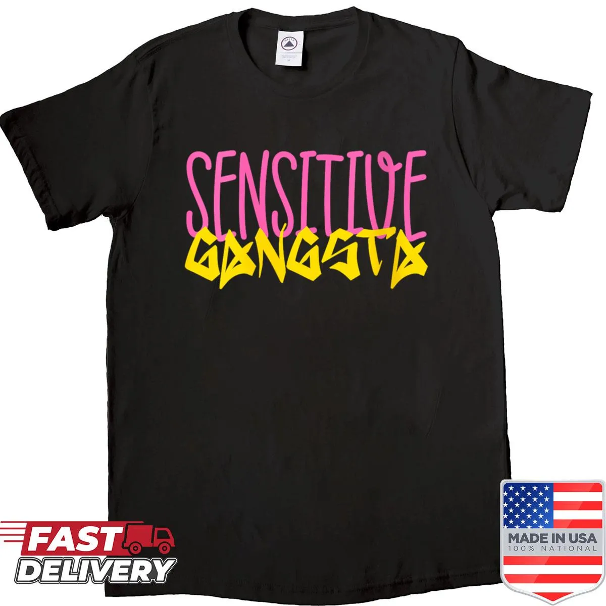 Funny shirt with the phrase 'Sensitive Gangsta' in bold typography