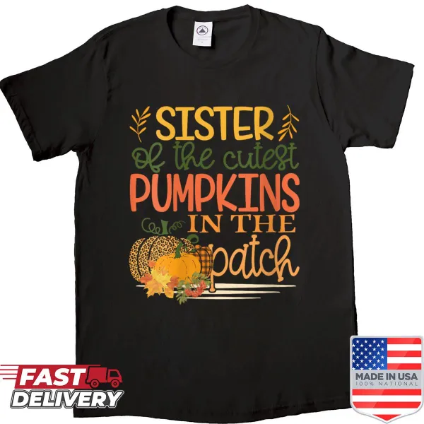 Cute fall pumpkin shirt with leopard print details for sisters
