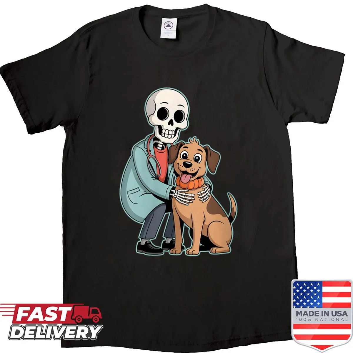 Funny Halloween shirt with a skeleton hugging a dog illustration