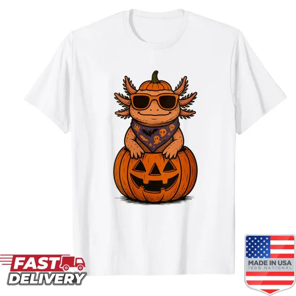 Cute Halloween shirt featuring a spooky axolotl and pumpkin design