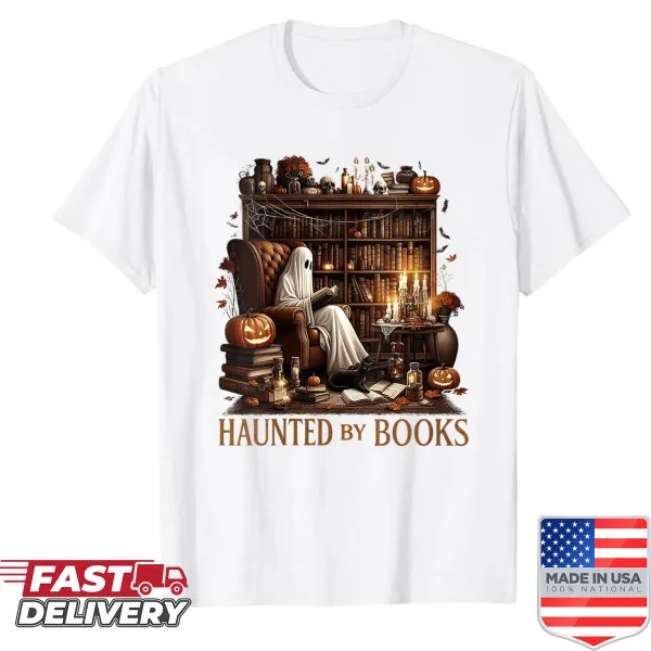 Retro Halloween shirt with a ghost reading a book design