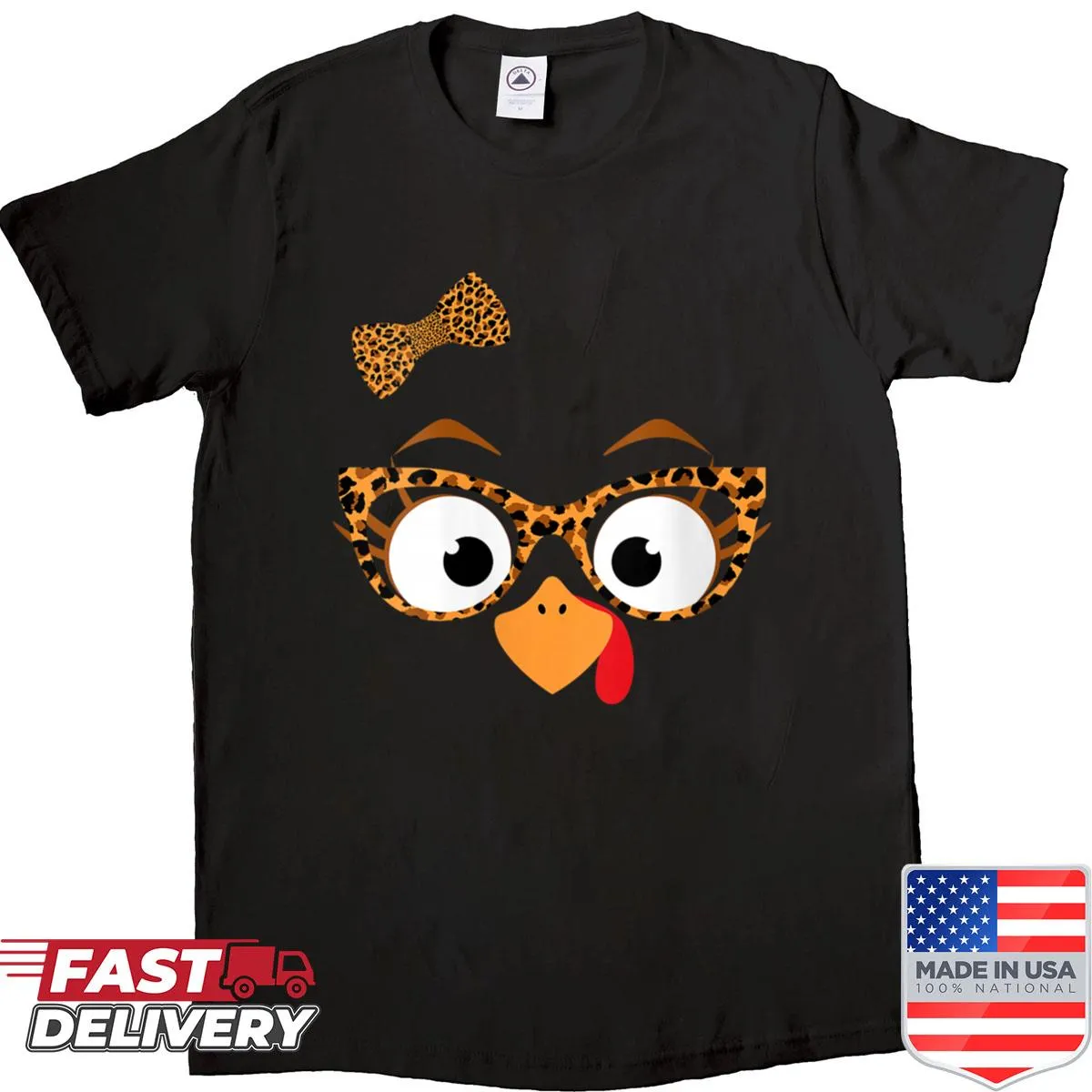 Funny Thanksgiving shirt with a turkey face and leopard print glasses