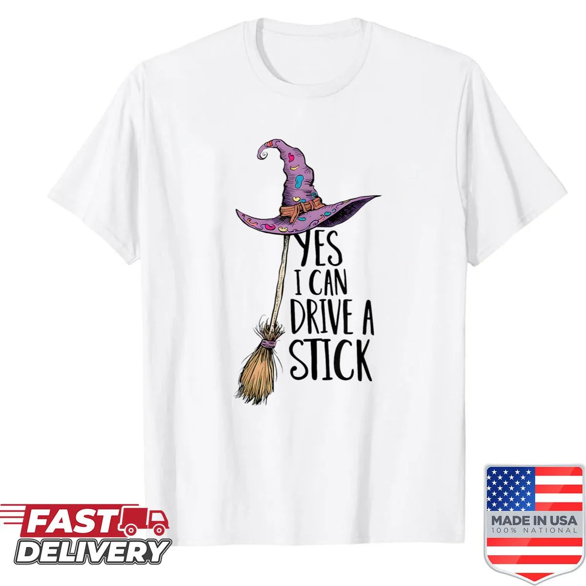Witch-themed Halloween shirt with a funny driving pun