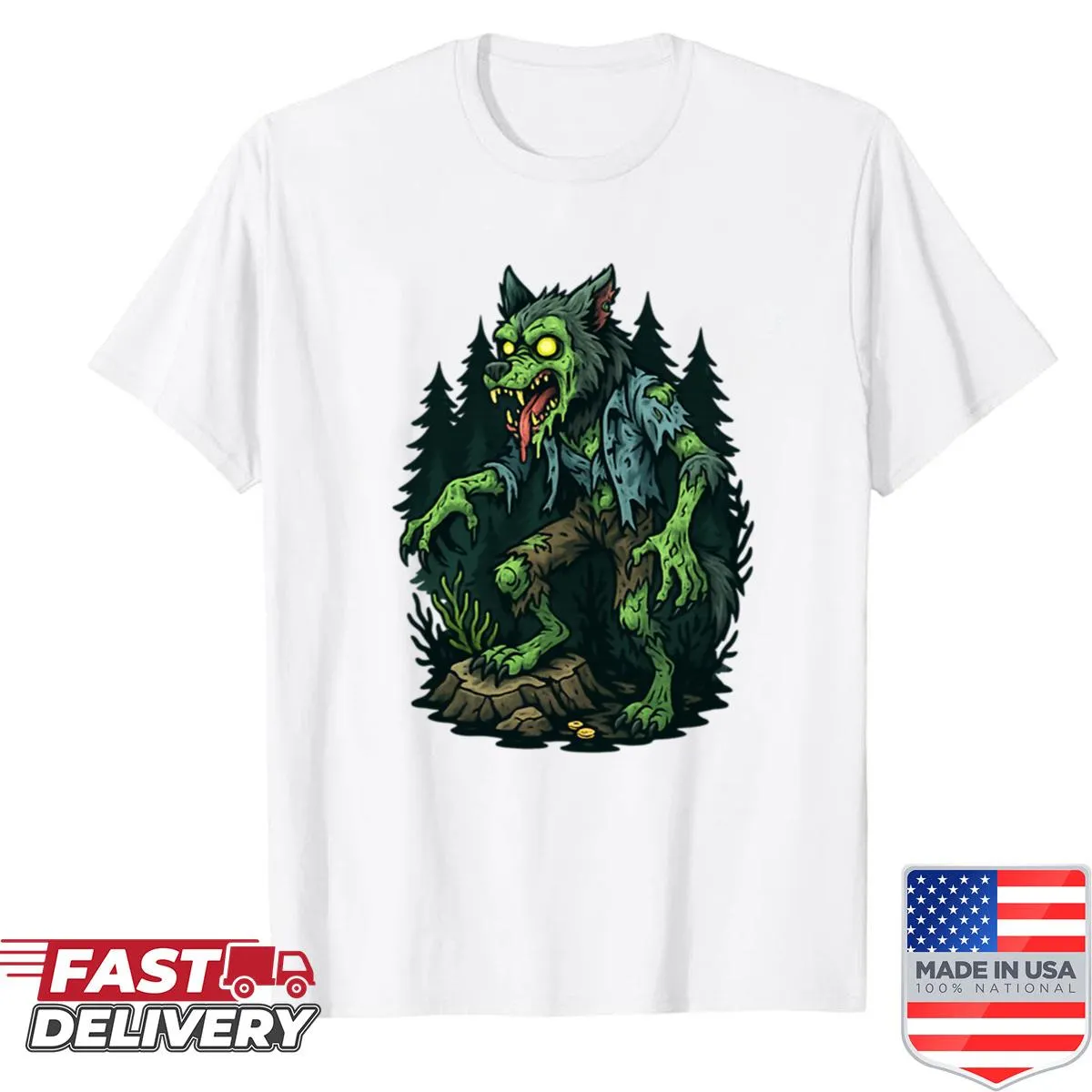Eerie graphic of a zombie dogman on a horror-themed shirt