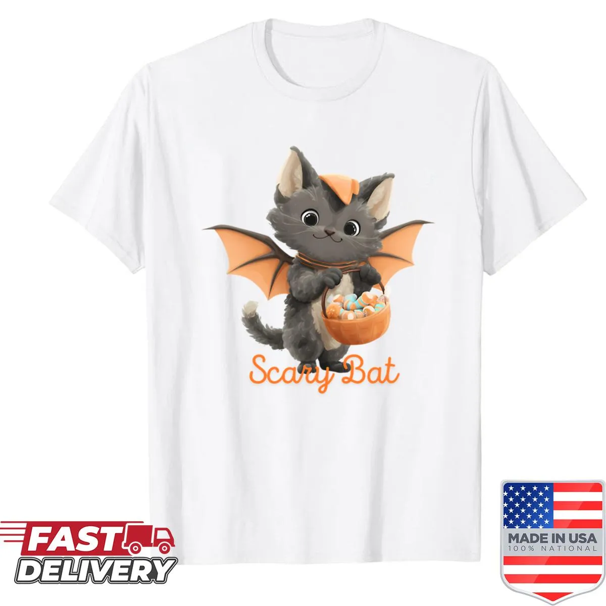 Cute shirt of a cat dressed as a bat for Halloween