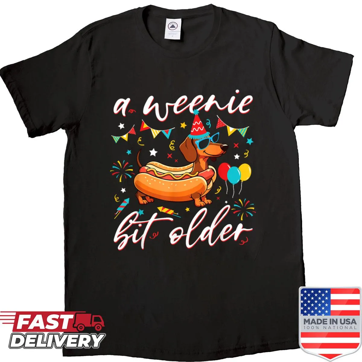 Cartoon dachshund birthday shirt with funny text about aging.
