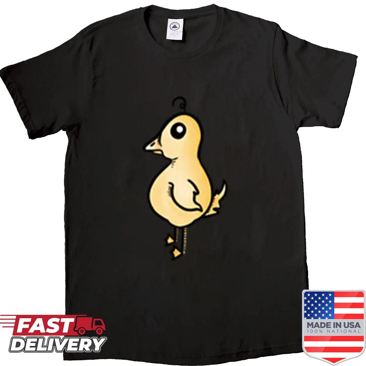 Cartoon graphic of an alien duck on a t-shirt