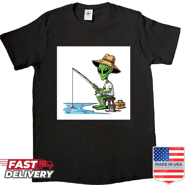 Whimsical shirt featuring an alien fishing illustration