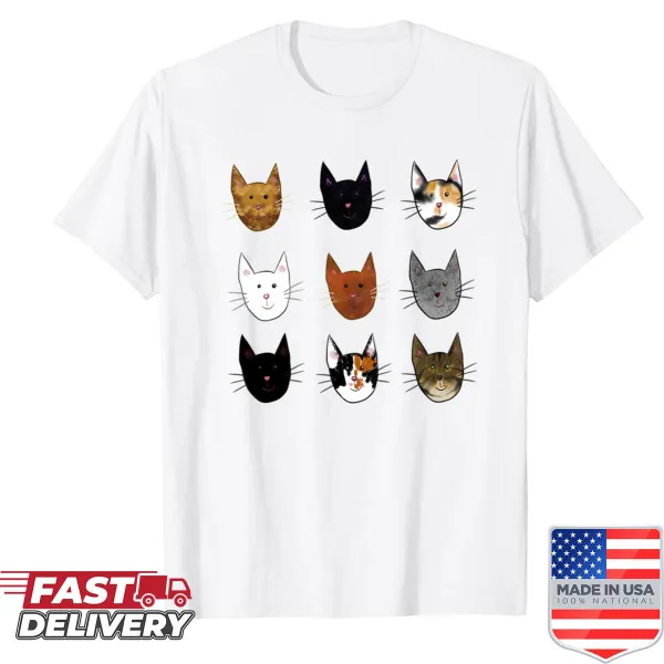 Illustration of nine different cats on a T-shirt